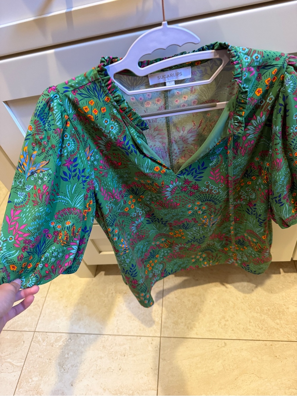 Sugarlips Green Floral V-Neck Puff Sleeve Blouse